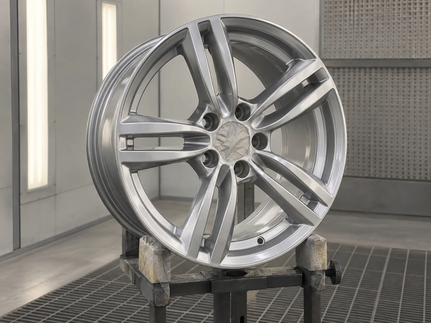 Silver alloy wheel without a tyre on a refinishing stand