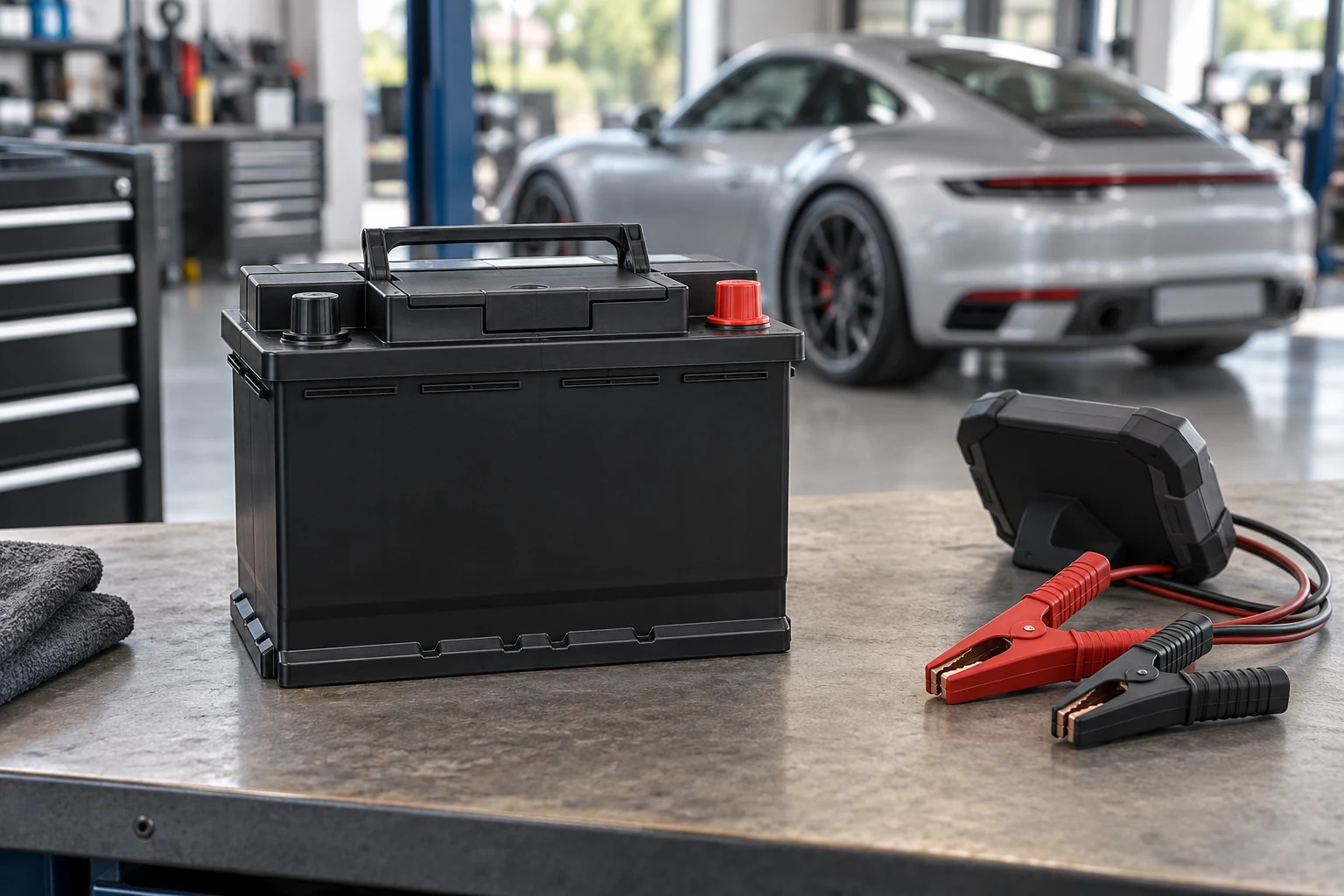 Closed battery on a service bench for inspection