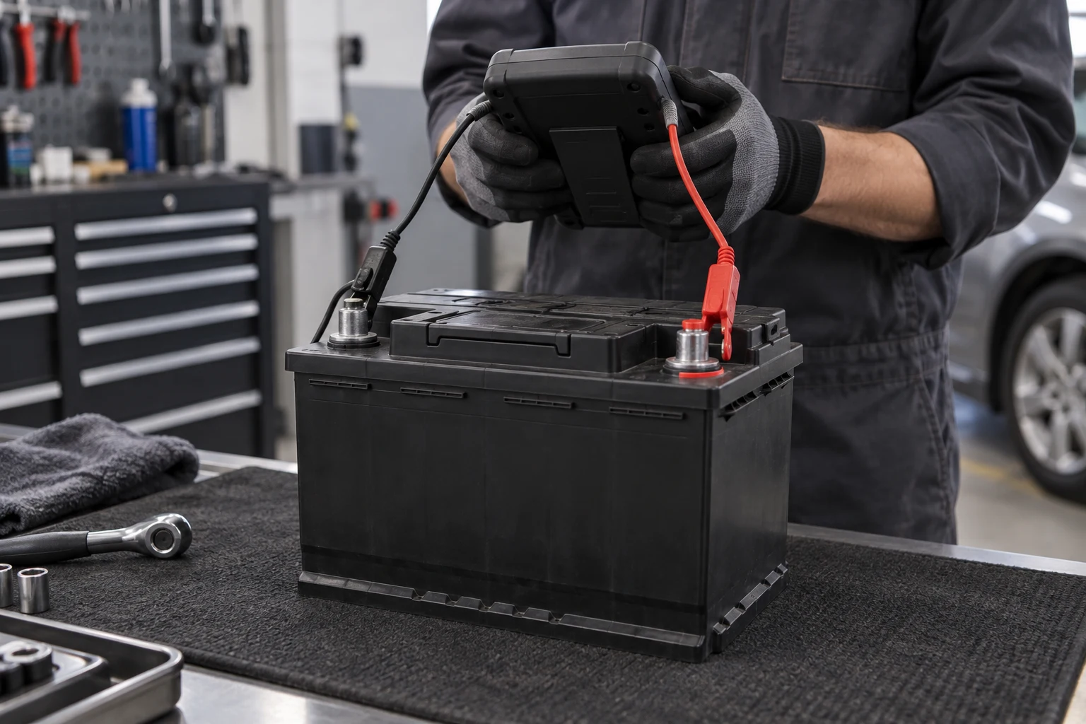 Technician testing a vehicle battery with diagnostic equipment