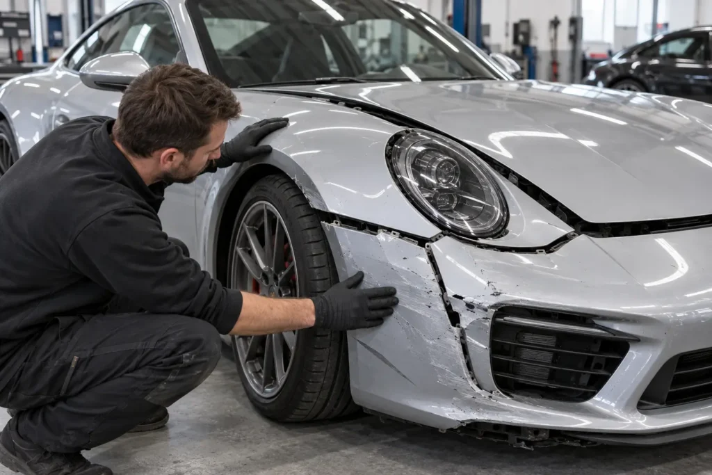 Technician assessing a damaged front wing and bumper cover