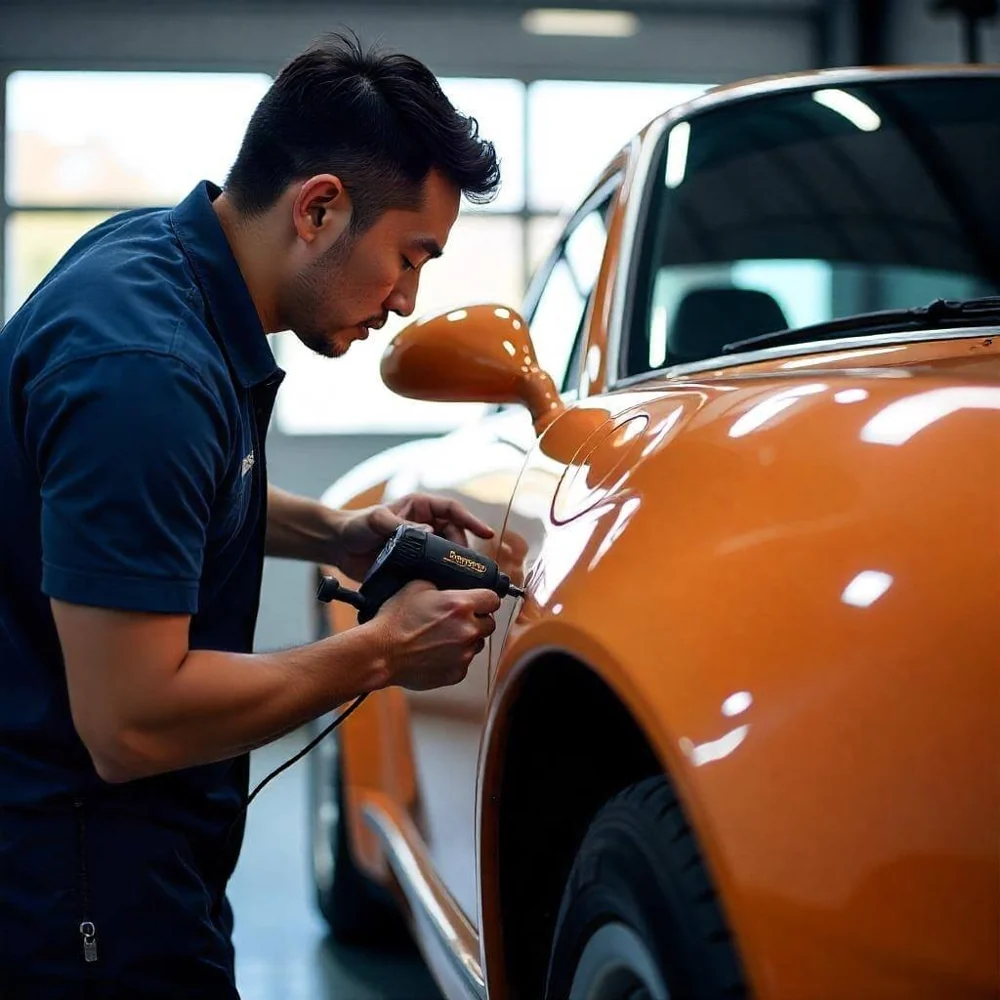 Technician preparing Porsche paint with a machine polisher