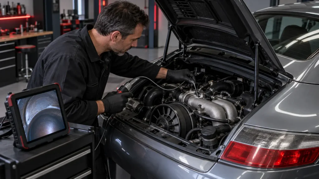 Technician carrying out a Porsche cylinder borescope inspection