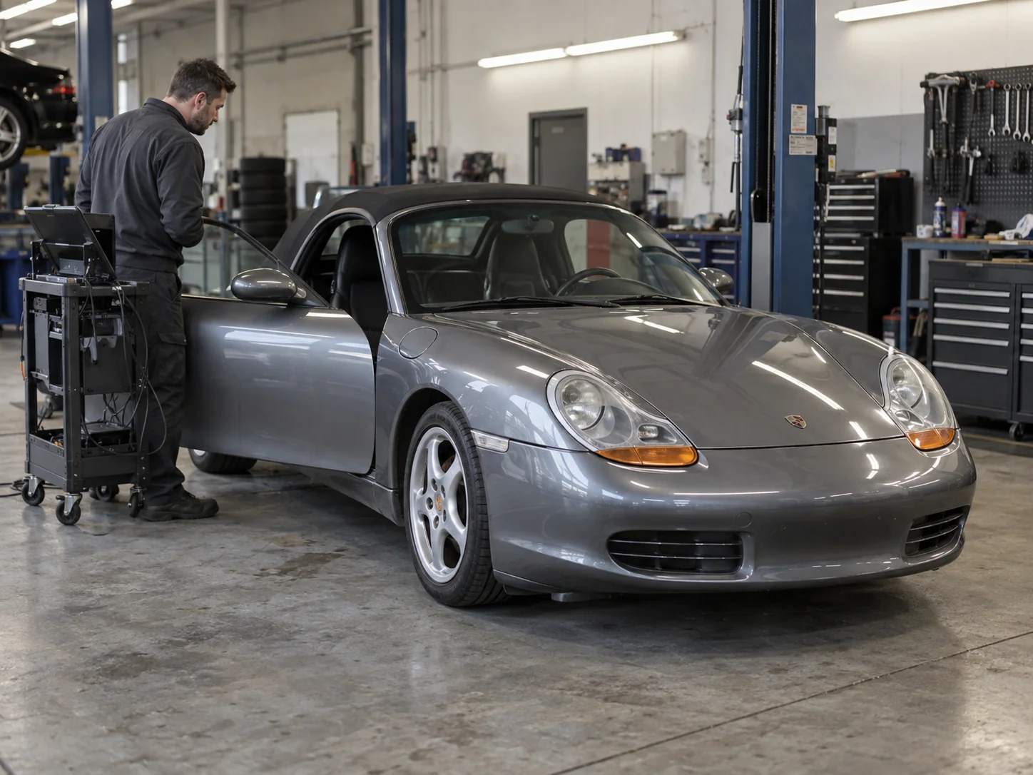 Grey Porsche Boxster beside a diagnostic trolley in a garage
