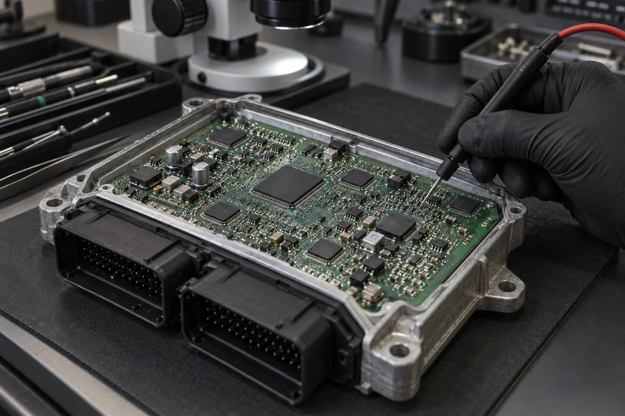 AI-generated close-up of an engine control unit circuit board being tested