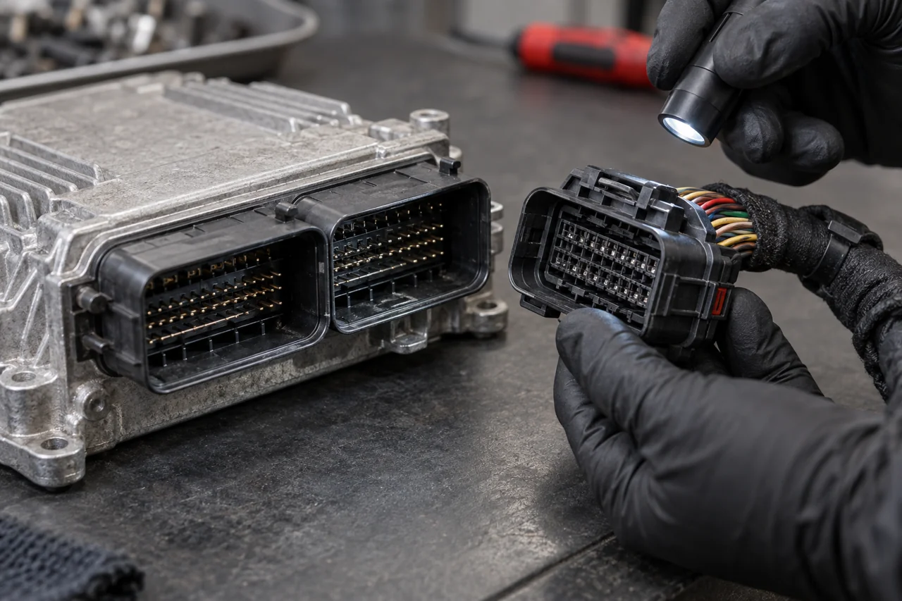 AI-generated close-up of ECU connector pins and a wiring harness