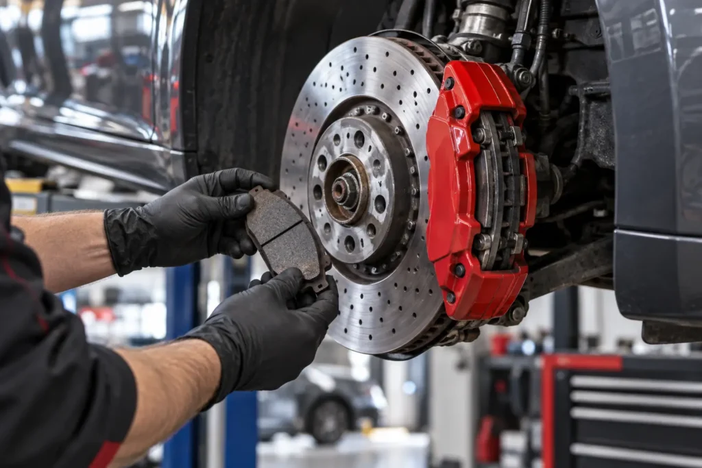 Technician inspecting a brake pad beside a ventilated disc