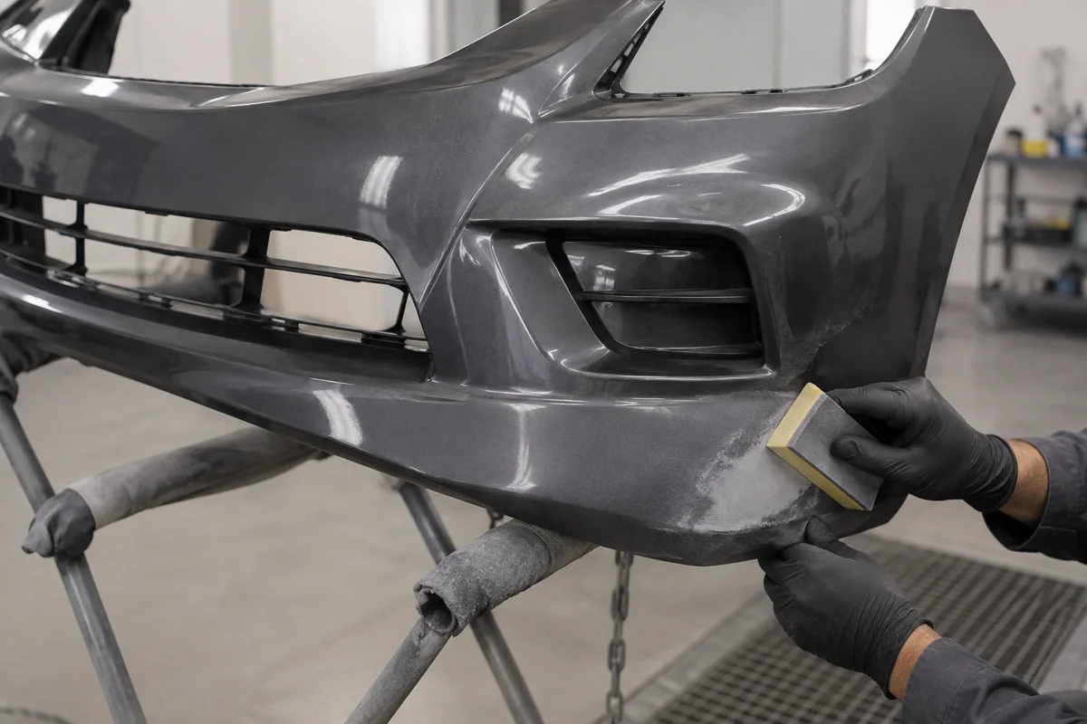 A detached bumper being prepared for a cosmetic paint repair