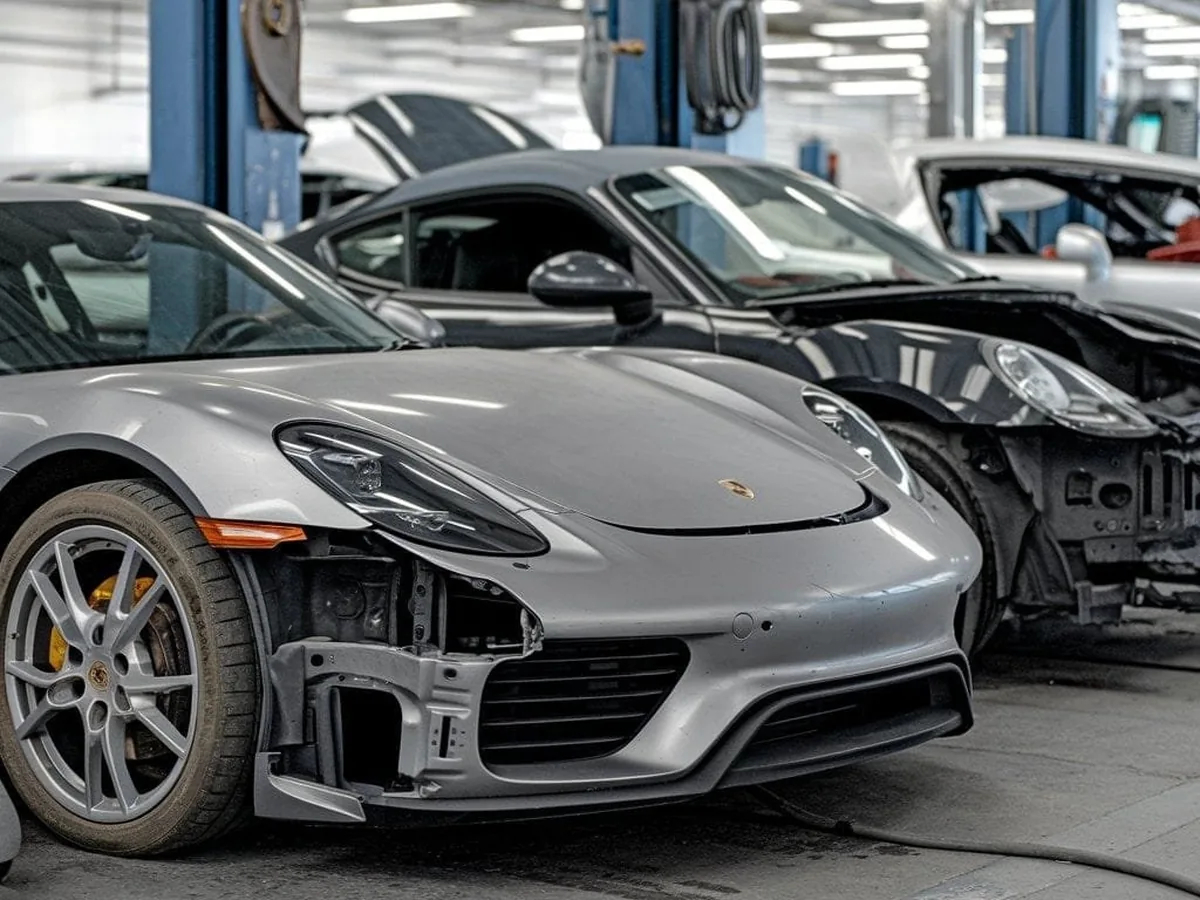Porsche front bumper removed for repair inspection in a Dubai workshop