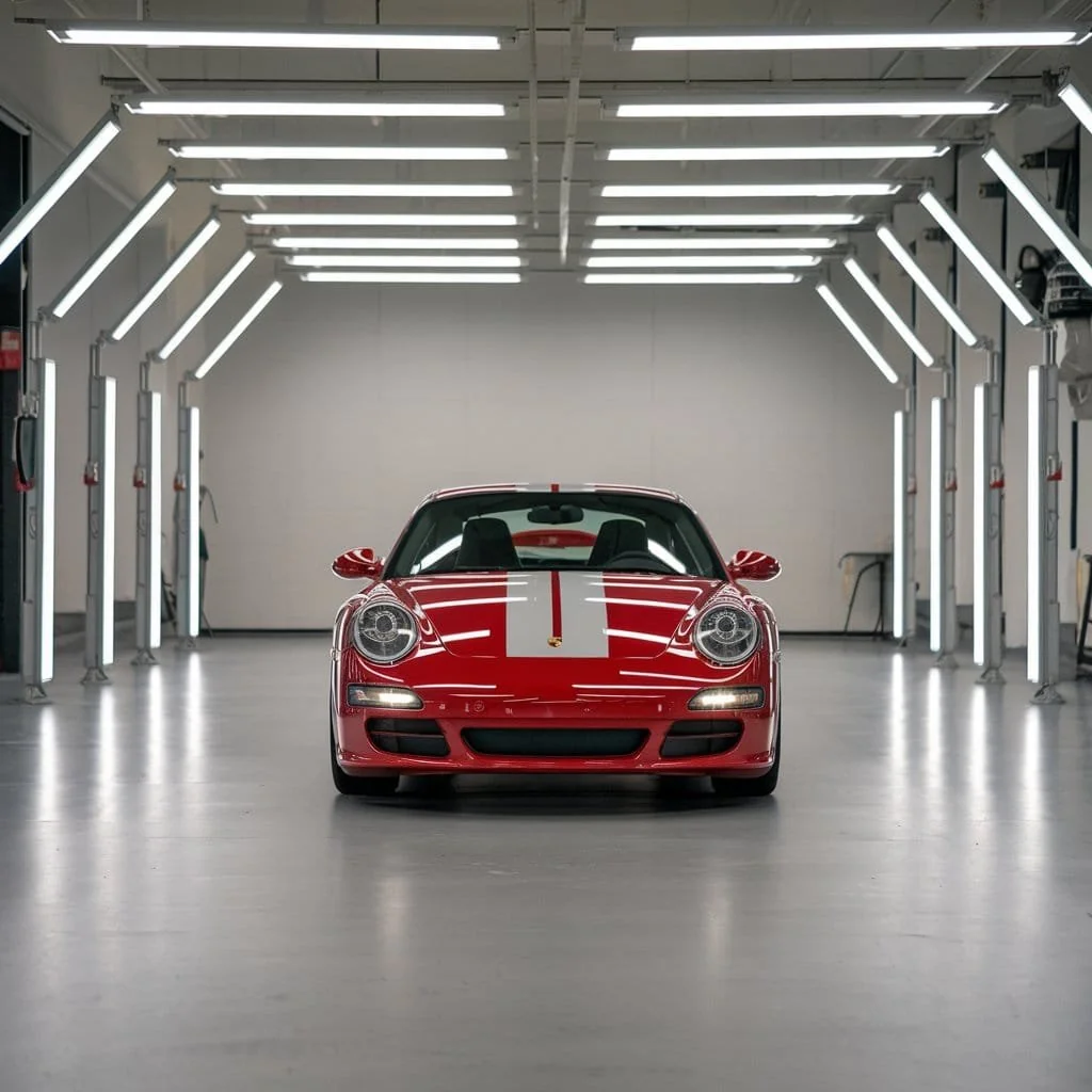 Red Porsche Carrera in a workshop, service illustration