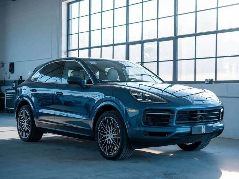 Porsche Cayenne front bumper being inspected in Dubai