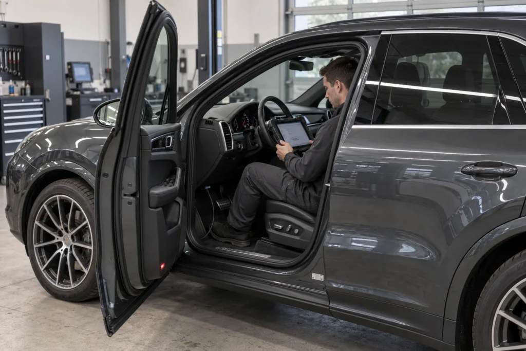 Technician reviewing a diagnostic tablet inside a Porsche Cayenne in a workshop