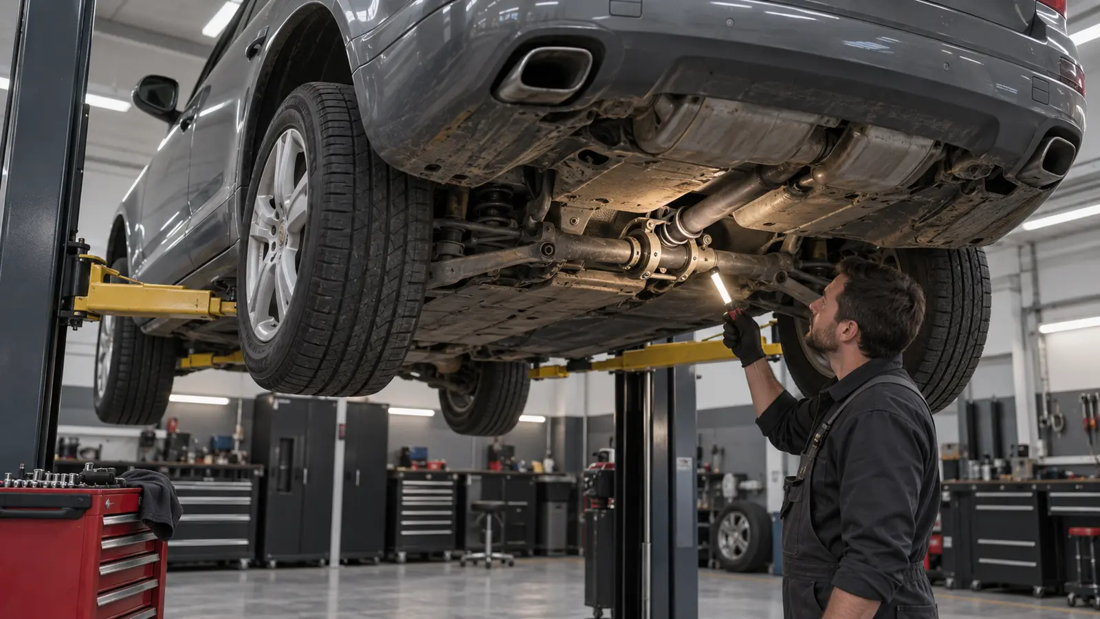 Grey Porsche Cayenne raised for underbody and driveline inspection