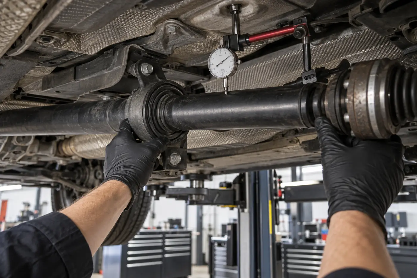 Technician checking Porsche Cayenne driveshaft runout and bearing condition