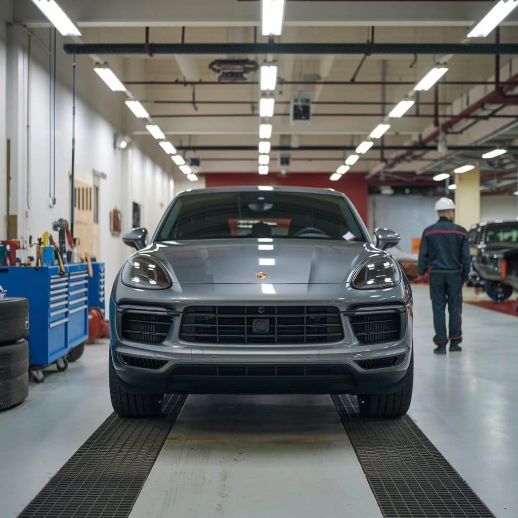 Grey Cayenne positioned in a service bay