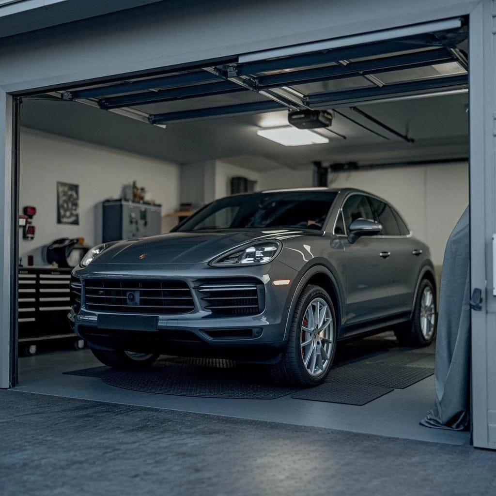 Grey Porsche Cayenne inside a workshop