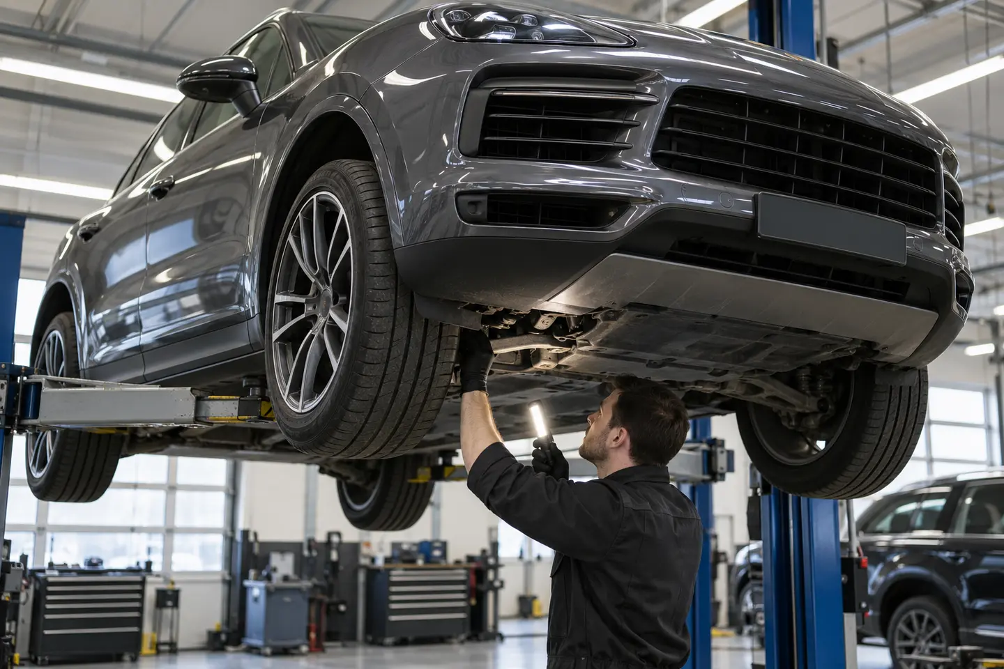 Technician inspecting a Cayenne-style SUV on a lift