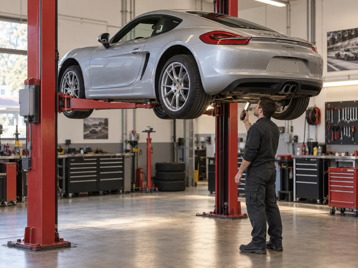 Technician inspecting the underside of a raised Porsche Cayman