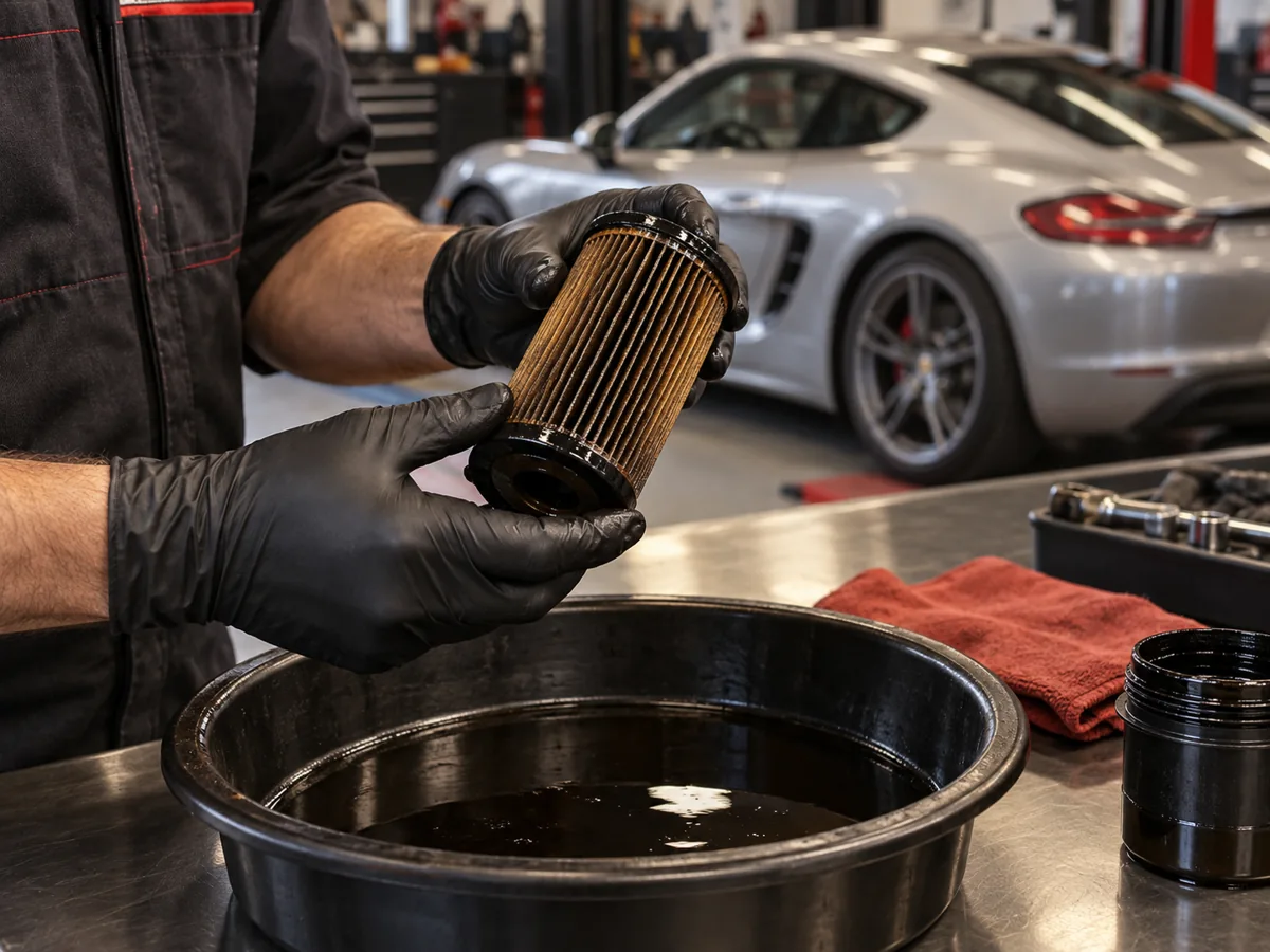 Gloved hands checking a used cartridge oil filter over a drain tray