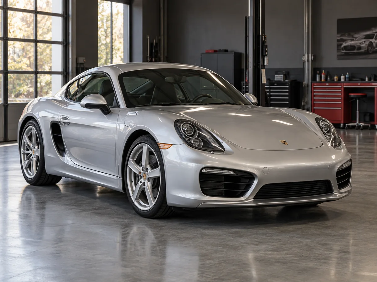 Silver Porsche Cayman coupe inside a workshop