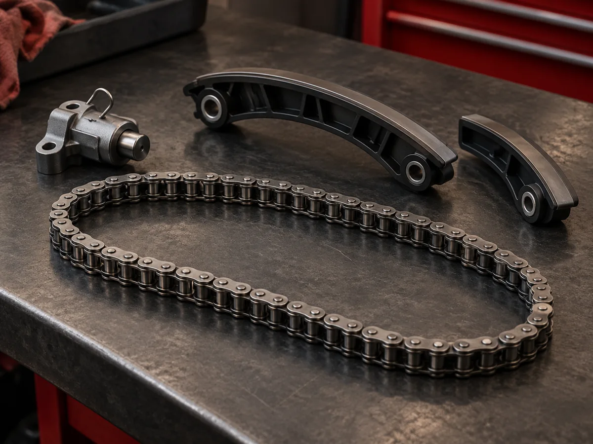 Timing chain, curved guides and a tensioner arranged on a workbench