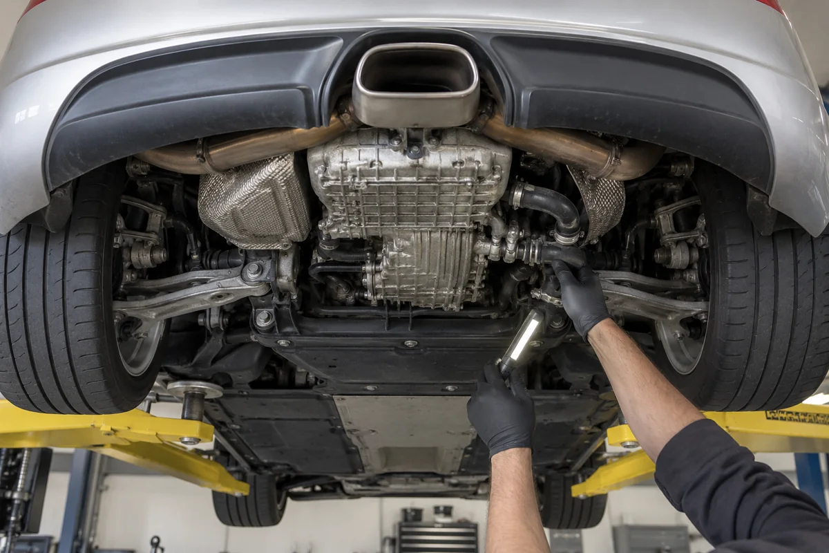 Rear underside of a Cayman with a technician checking accessible components