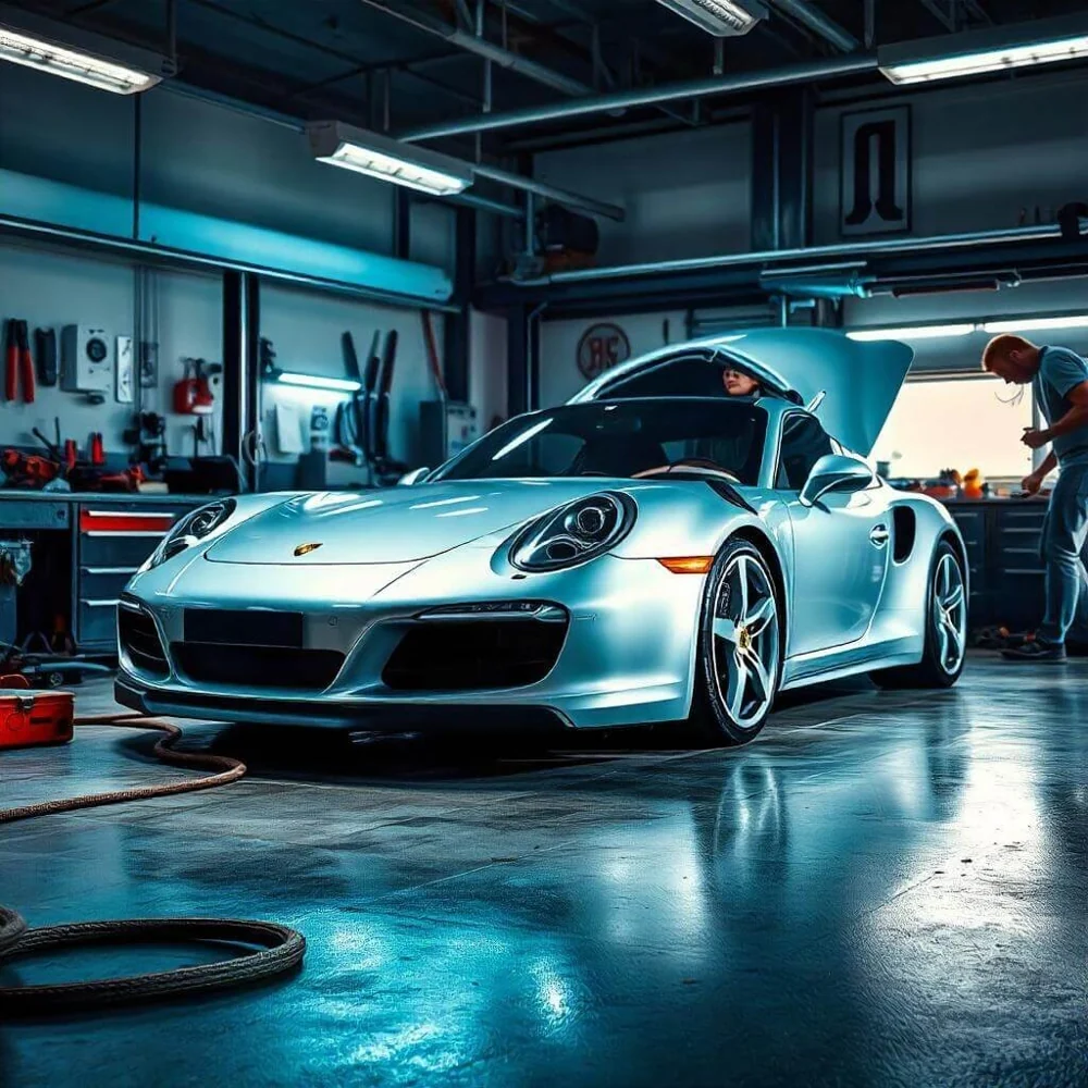 Blue Porsche 911 in a detailing workshop