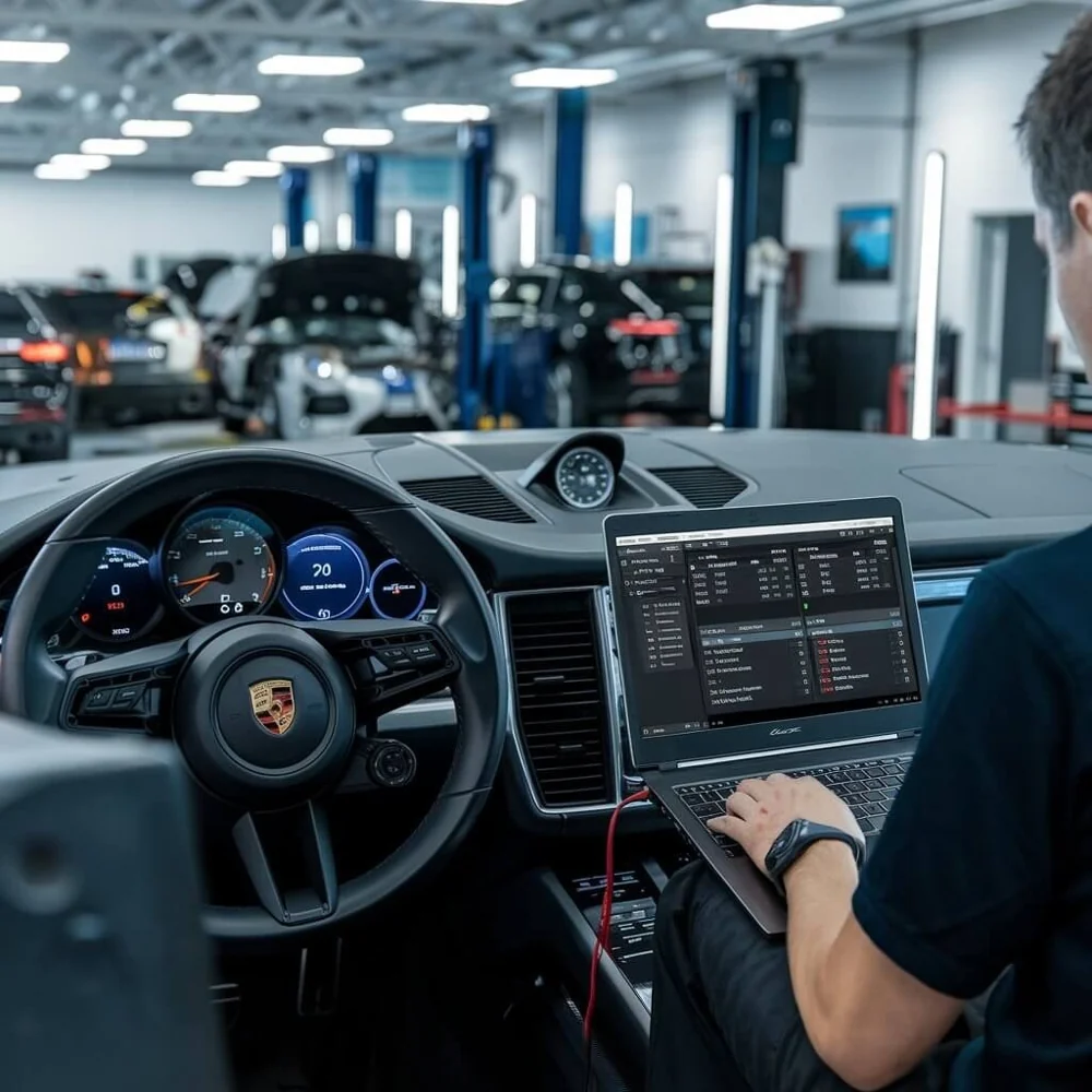Diagnostic equipment inside a Porsche cabin
