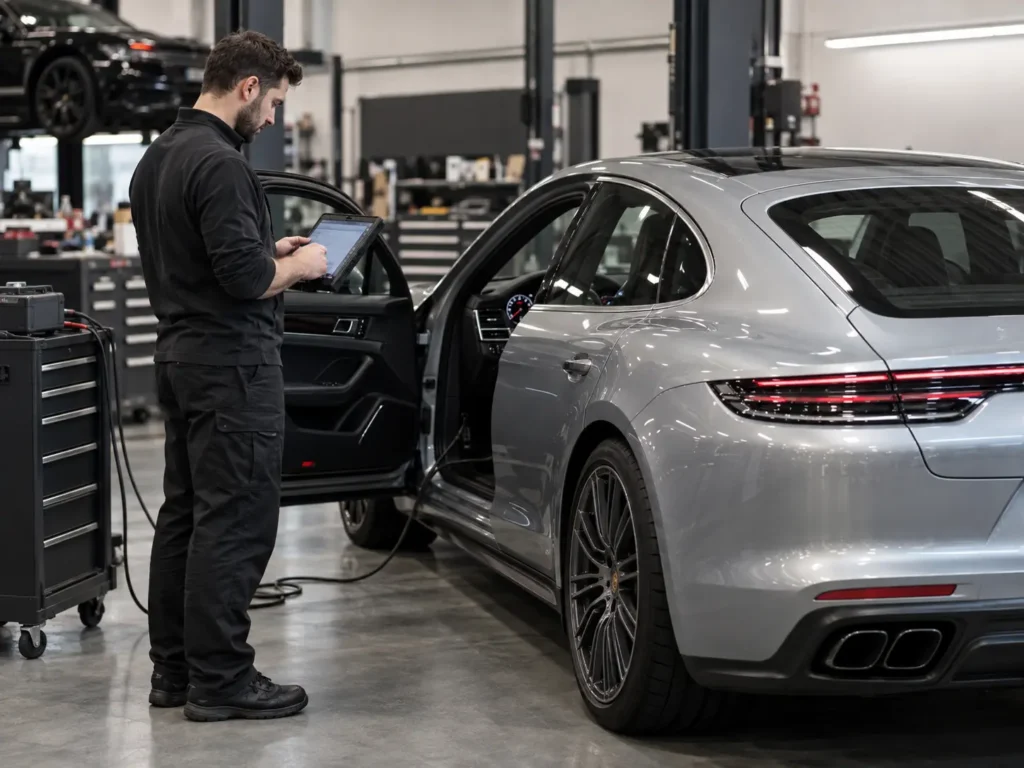 Technician checking Porsche diagnostic data beside a workshop vehicle