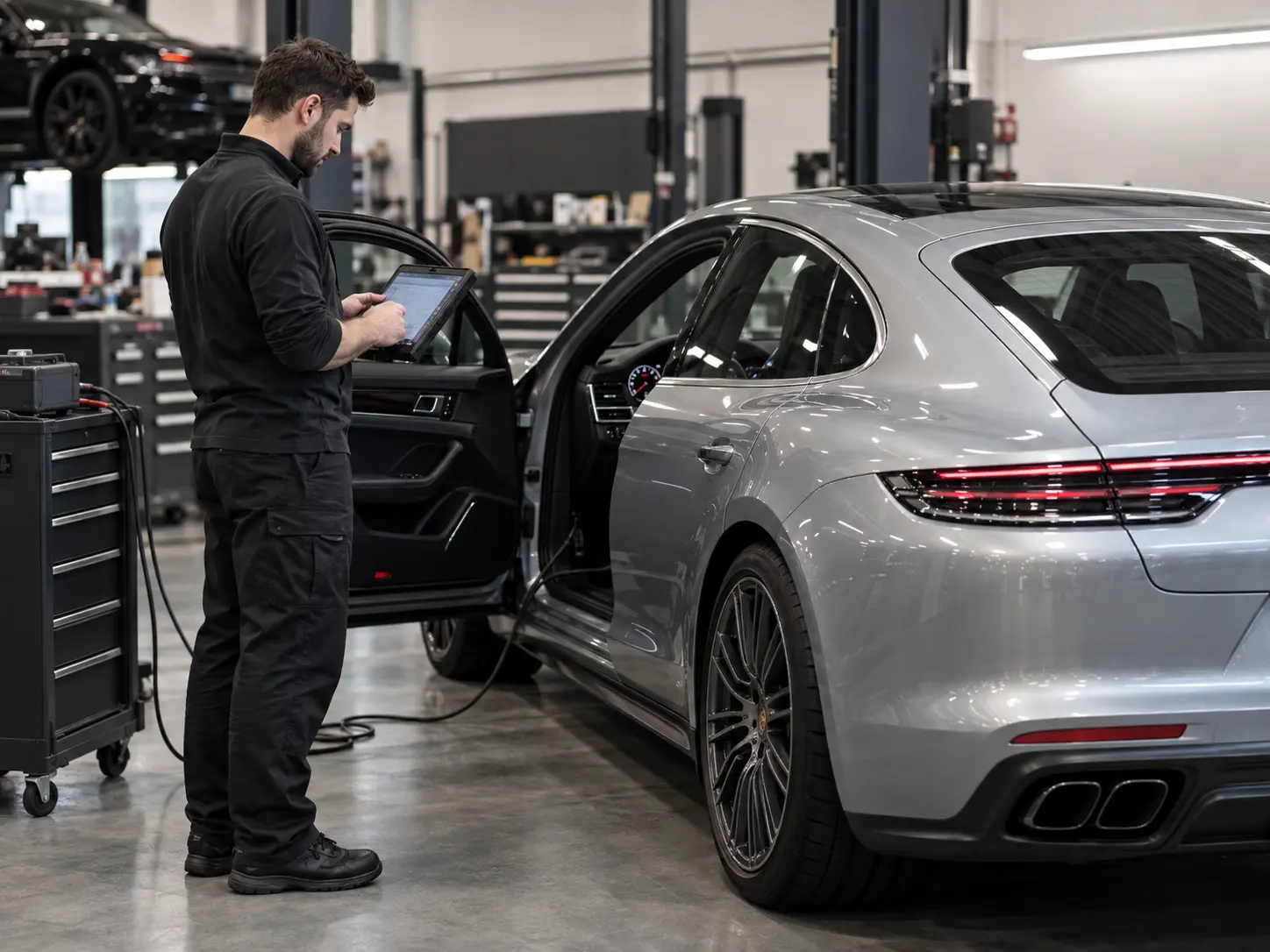 Vehicle diagnostic equipment beside a Porsche