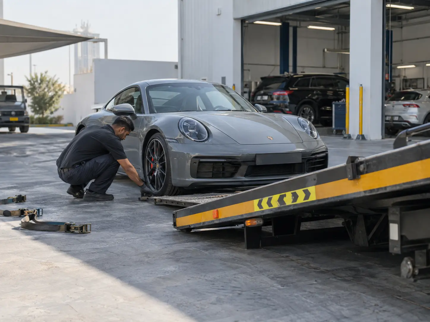 Grey Porsche 911 being prepared for careful flatbed recovery at a workshop