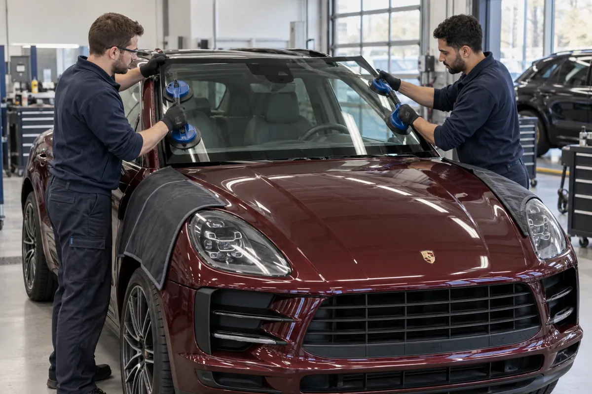 Two technicians positioning a replacement windscreen on a Porsche Macan
