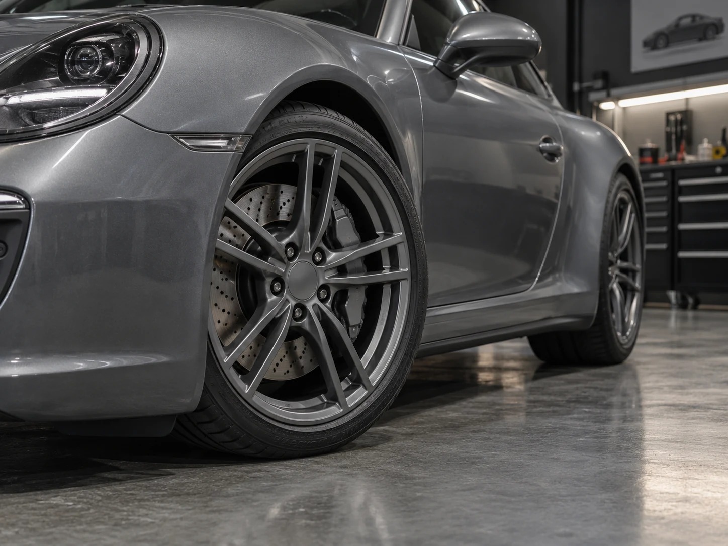 Graphite-finish alloy wheel fitted to a grey Porsche