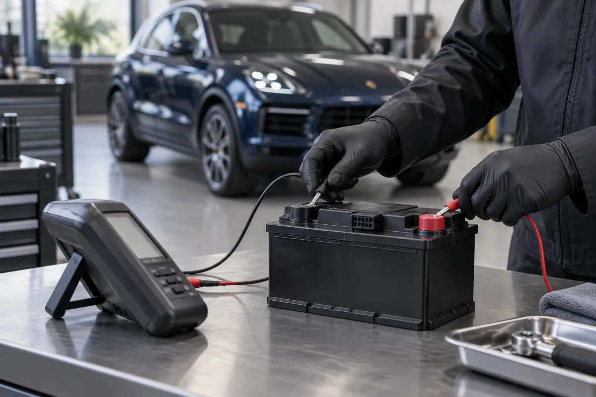 Closed low-voltage battery undergoing a bench diagnostic check