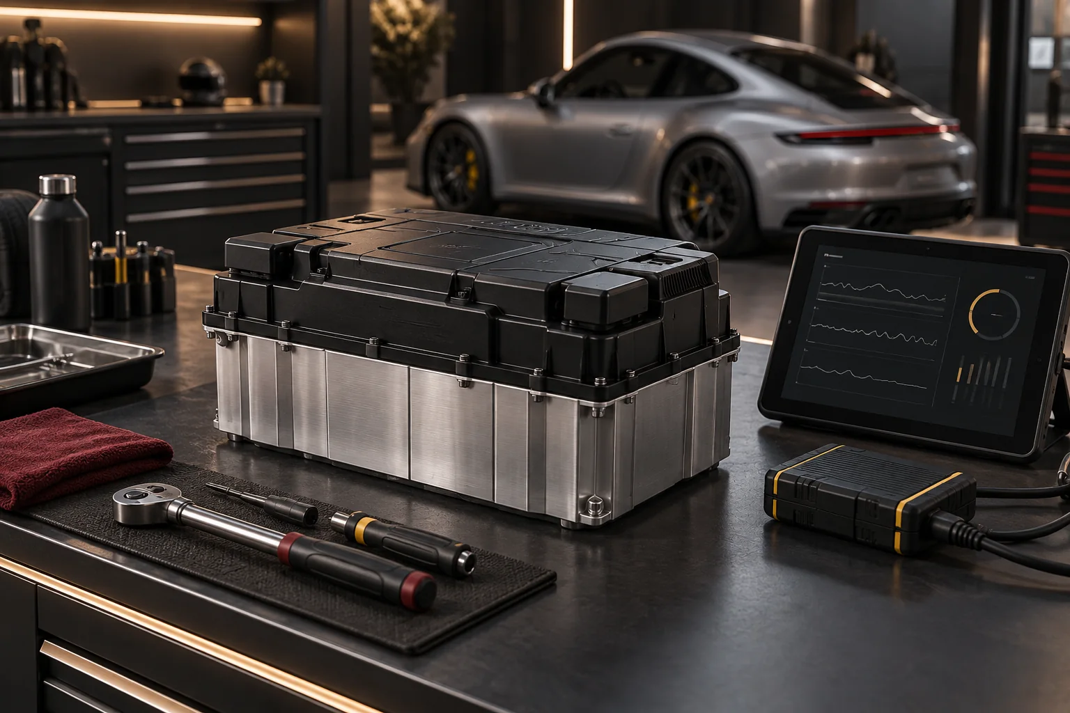 Closed Porsche battery assembly and workshop testing equipment