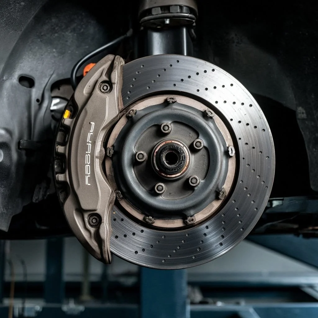 Porsche brake components inspected during service