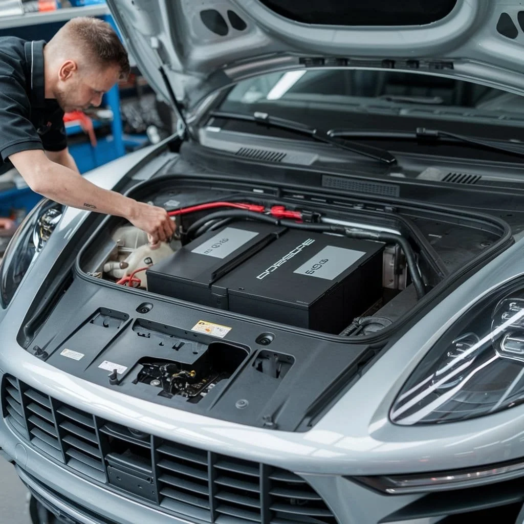 Technician inspecting the engine bay of a grey Porsche Macan
