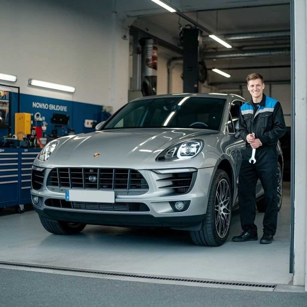 Porsche Macan beside a workshop technician