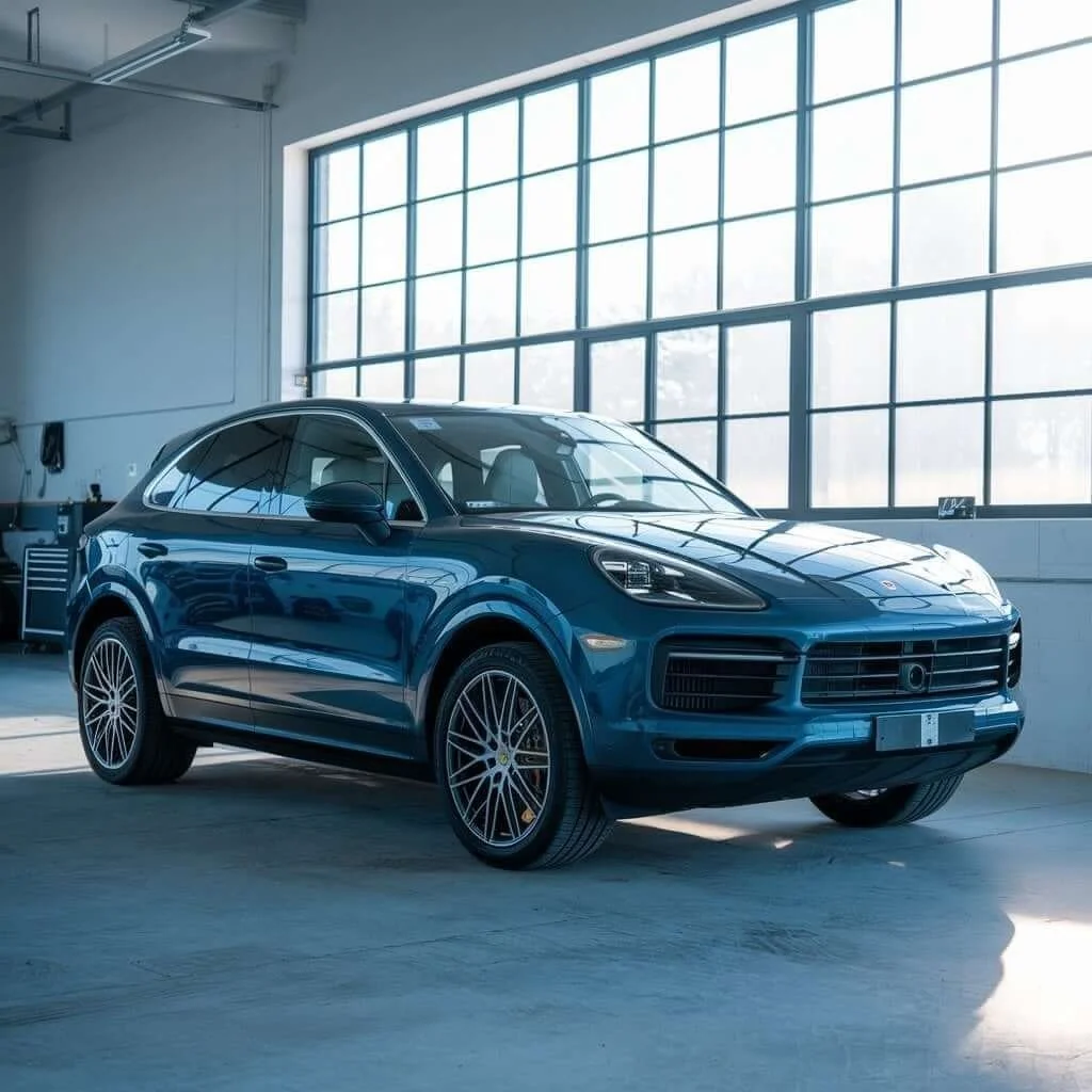 Blue Porsche Macan in a workshop