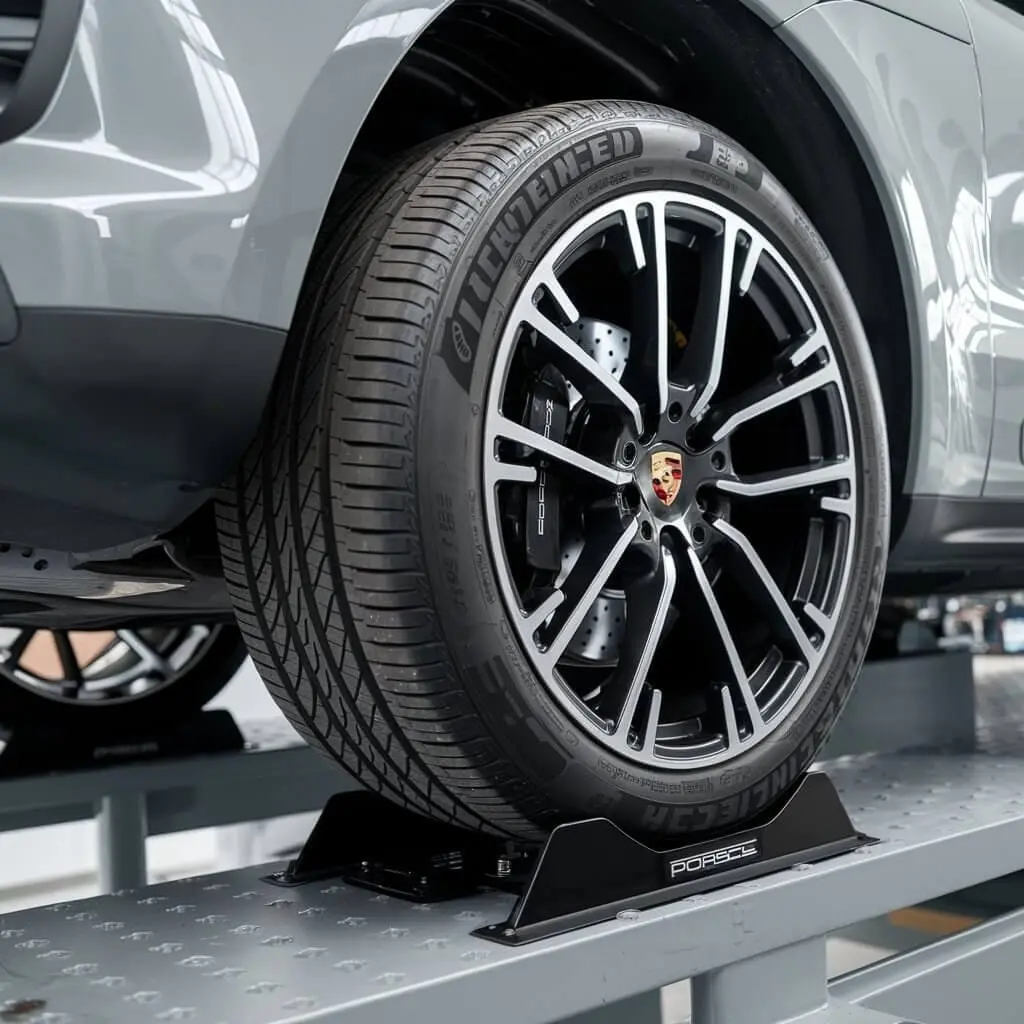 Close view of a Porsche Macan wheel and tyre during replacement assessment