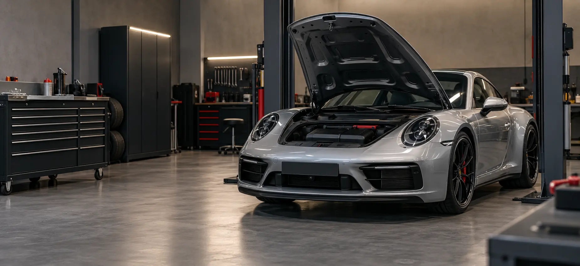 Silver Porsche 911 Carrera prepared for scheduled maintenance in a Dubai workshop