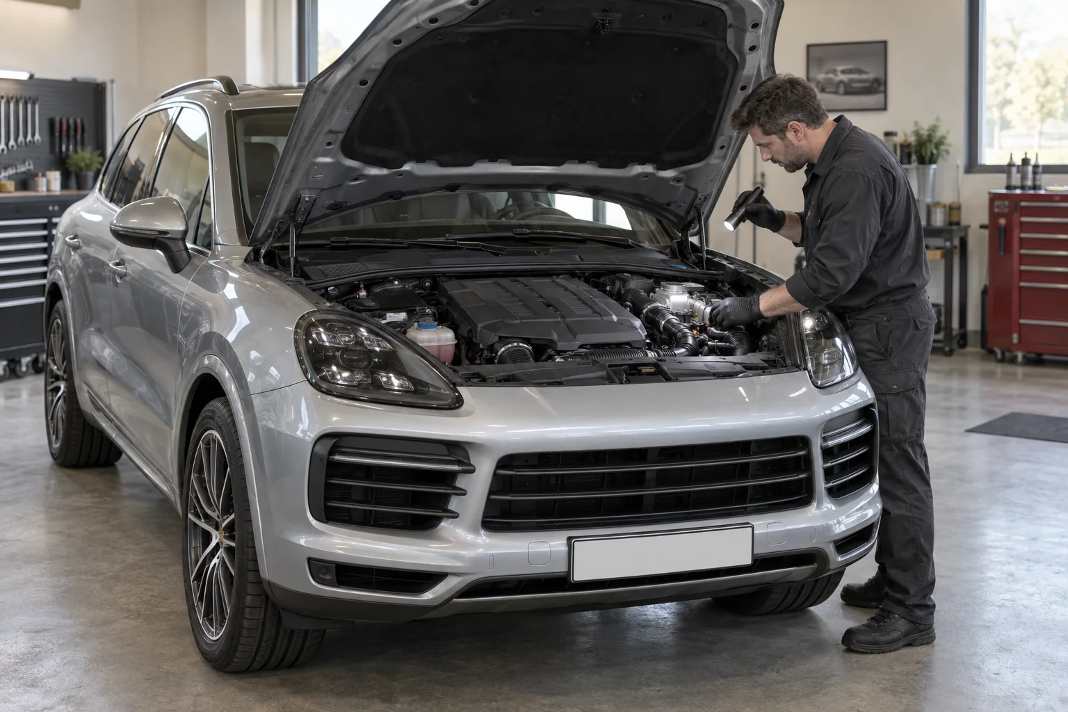 Mechanic inspecting hose connections in a Porsche Cayenne engine bay, workshop illustration