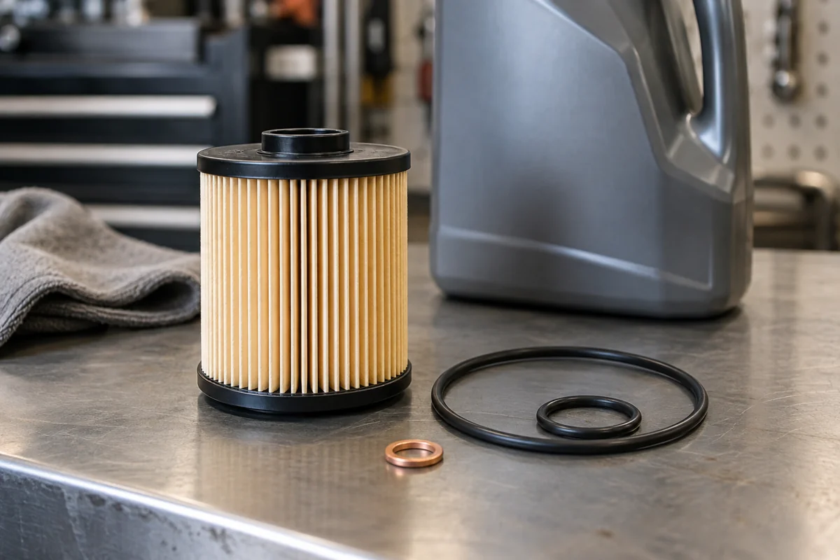 Engine oil filter, sealing rings and drain-plug washer