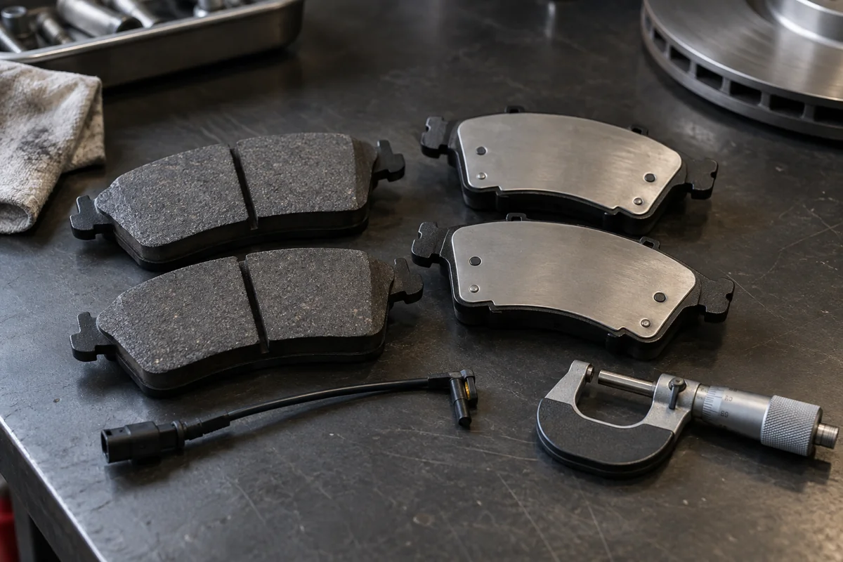 Porsche brake pads and measuring tools prepared for inspection