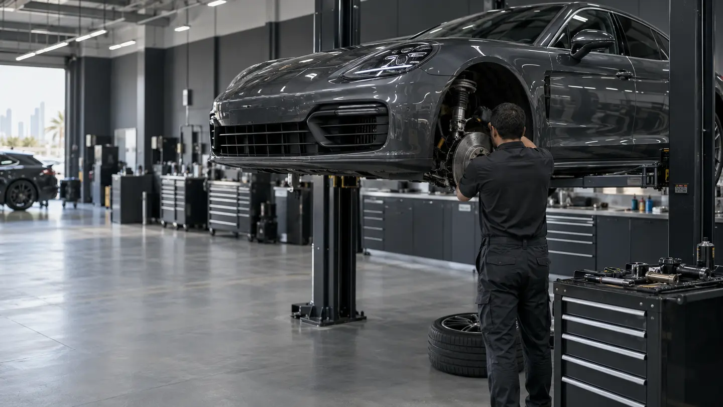Technician inspecting the front suspension and brake assembly of a grey Porsche Panamera