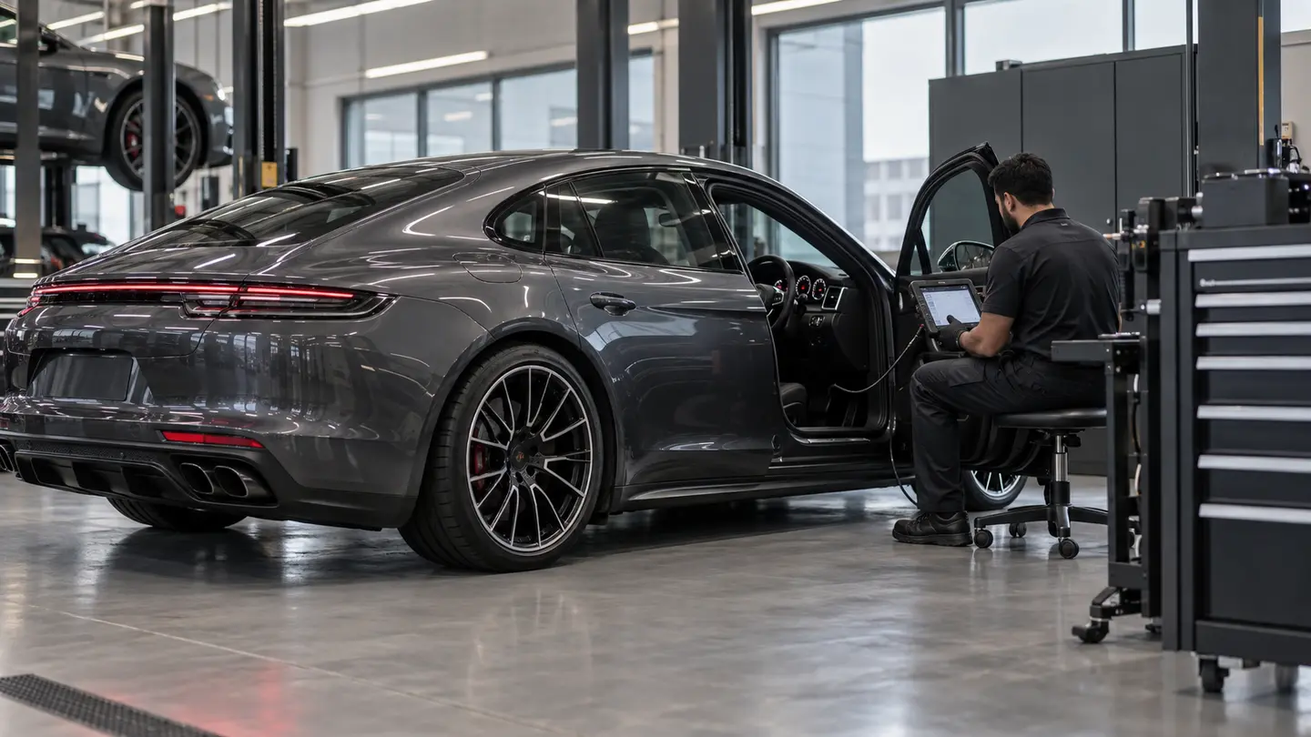 Technician carrying out computer diagnostics on a grey Porsche Panamera