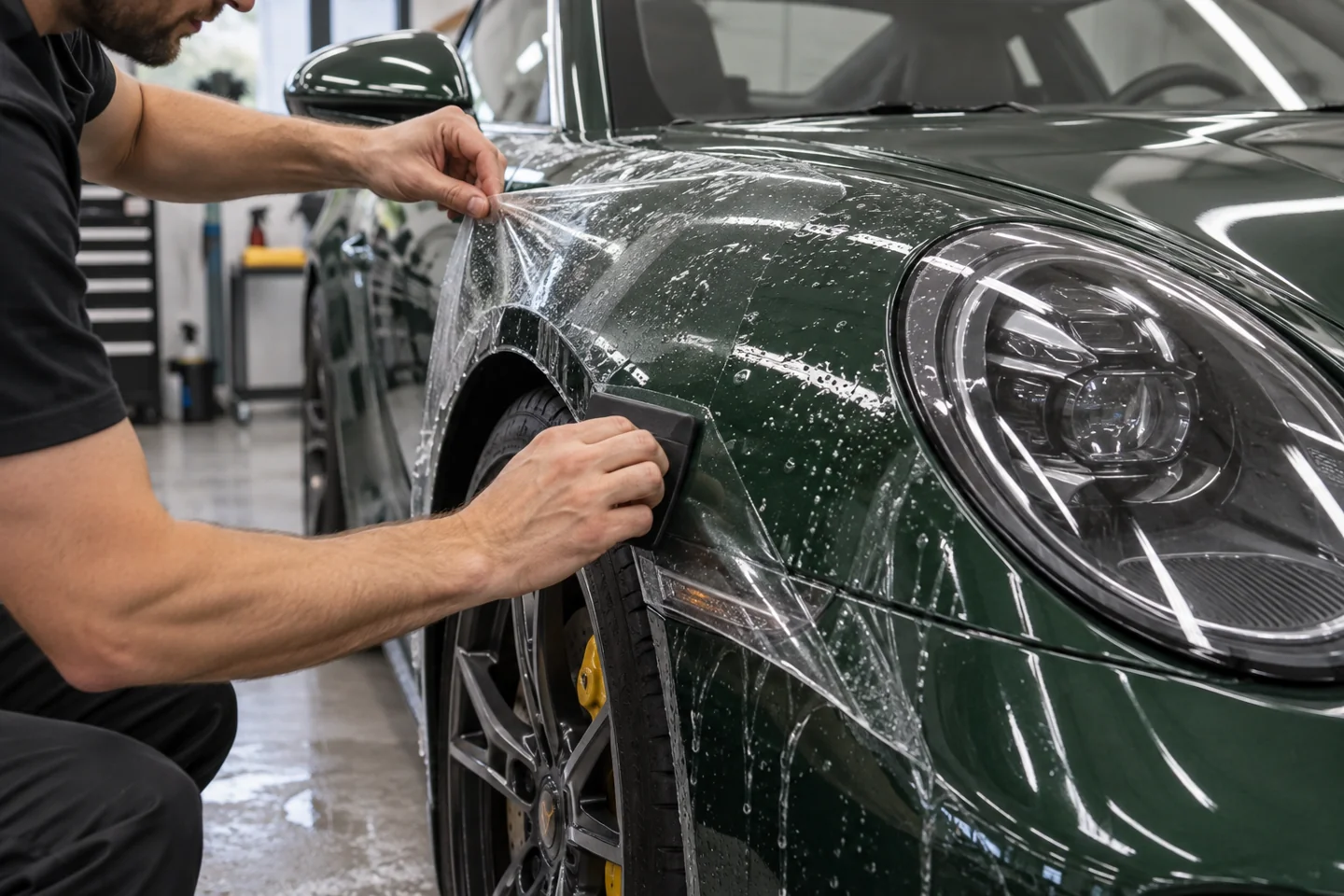 Technician applying transparent protection film to a green Porsche fender