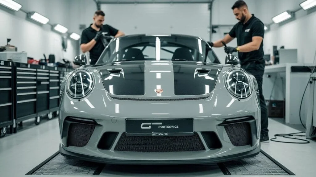 Technicians beside a Porsche 911 during exterior work