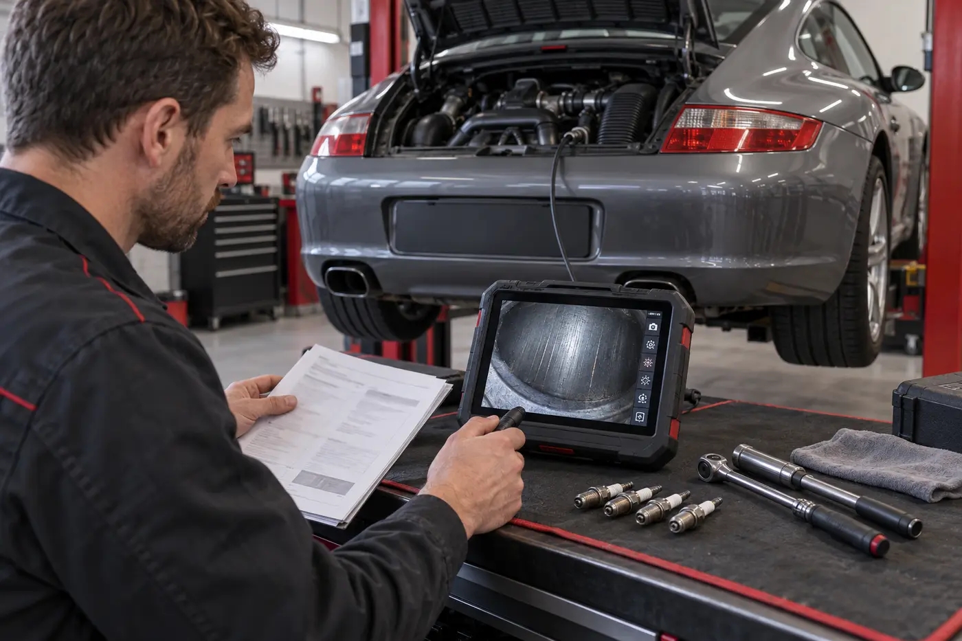 Technician reviewing cylinder images on a borescope monitor