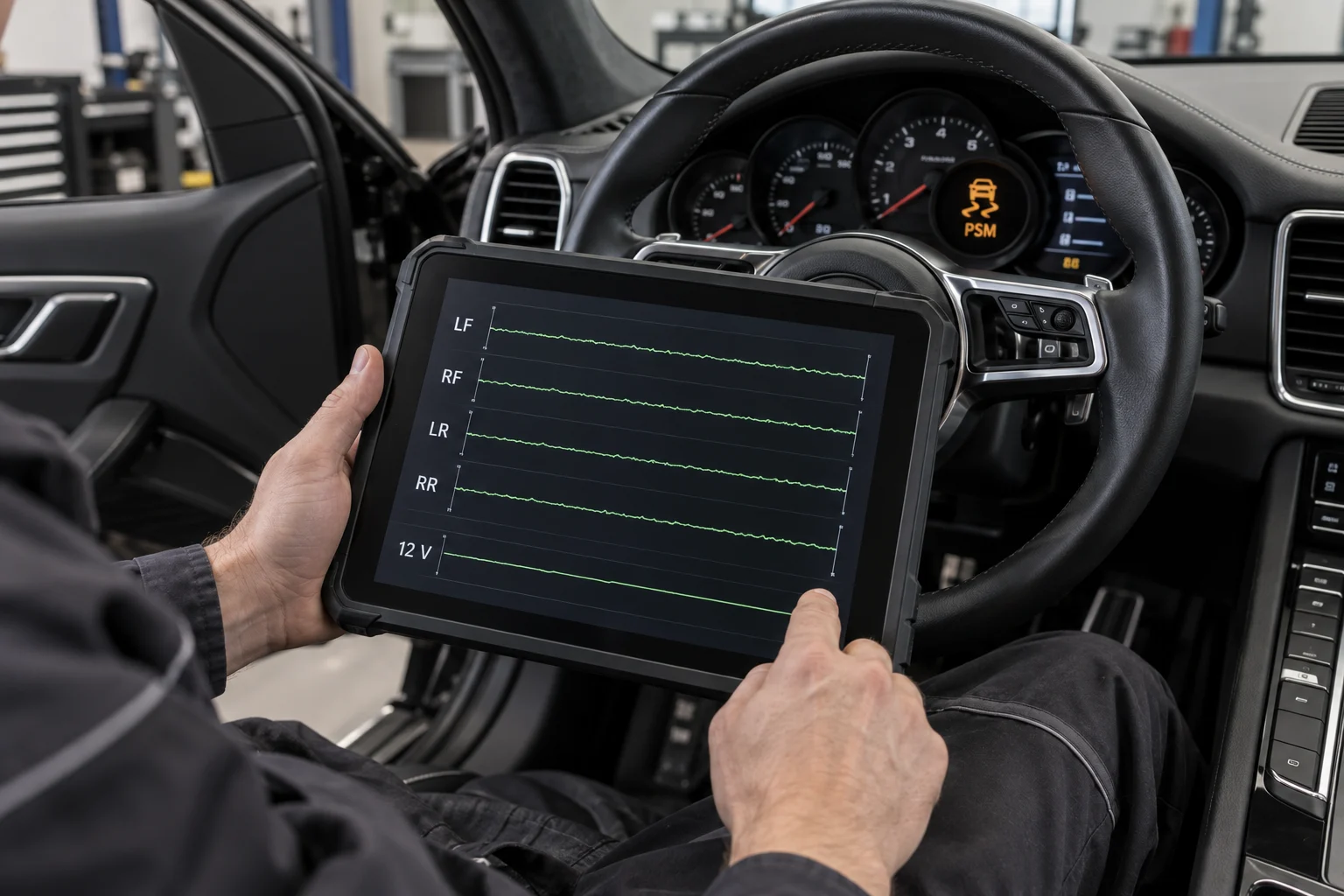Technician comparing four wheel-speed signals and 12-volt supply data on a diagnostic tablet