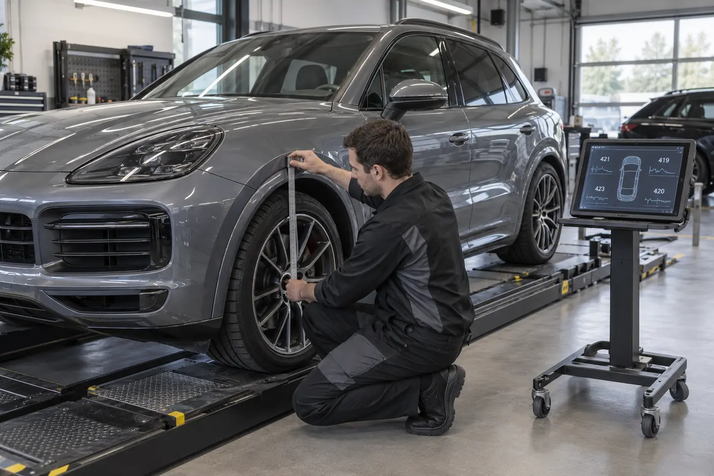 Technician measuring the front wheel-arch height of a grey Porsche SUV beside a diagnostic display